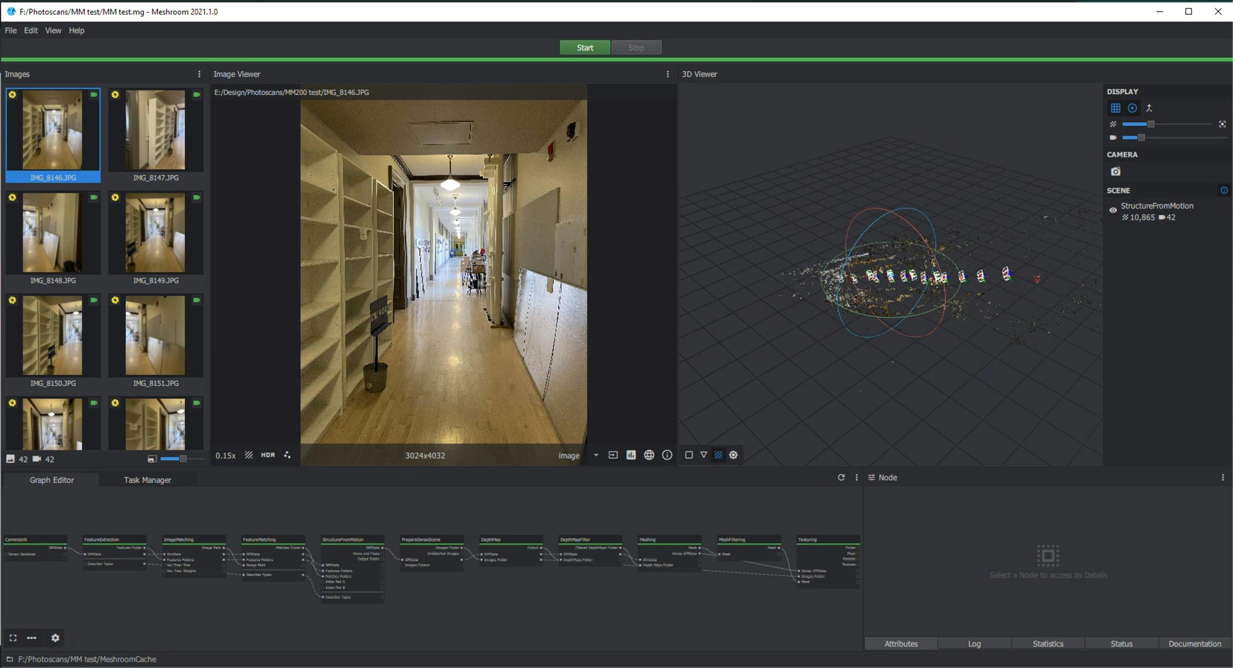 AliceVision being used to generate a point cloud of the hallway from reference images.